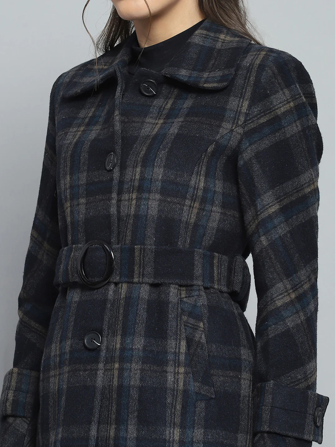 Women Navy Blue Check Collar Full Sleeve Coat - Image 6