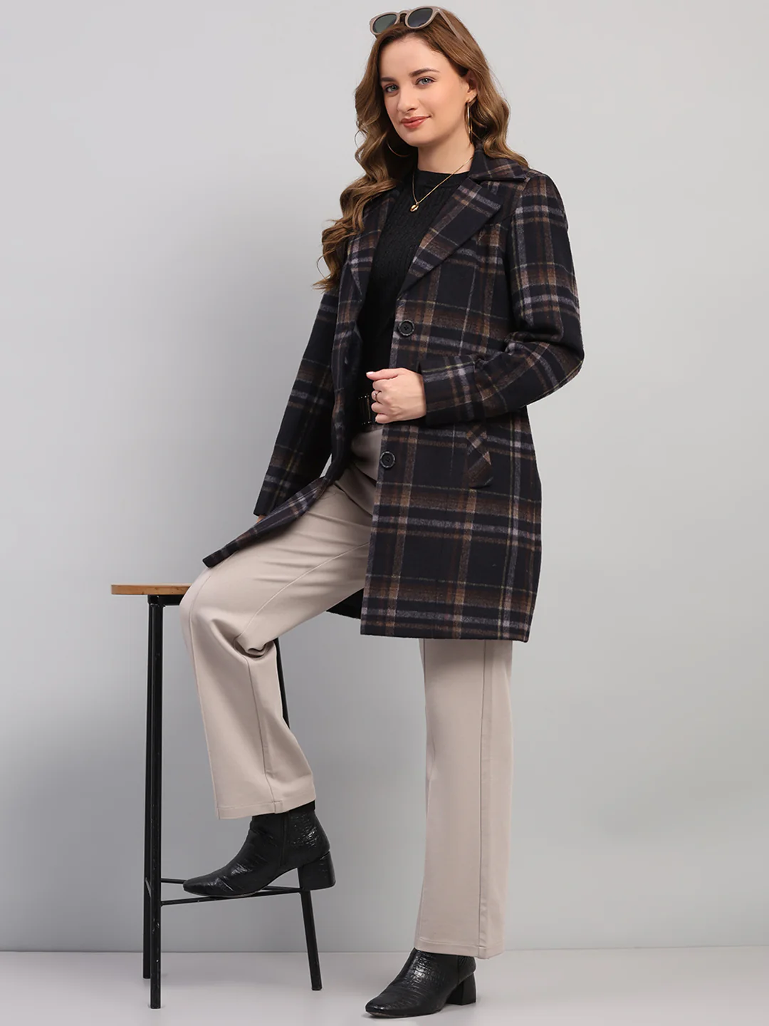 Women Navy Blue Check Collar Full Sleeve Coat - Image 2