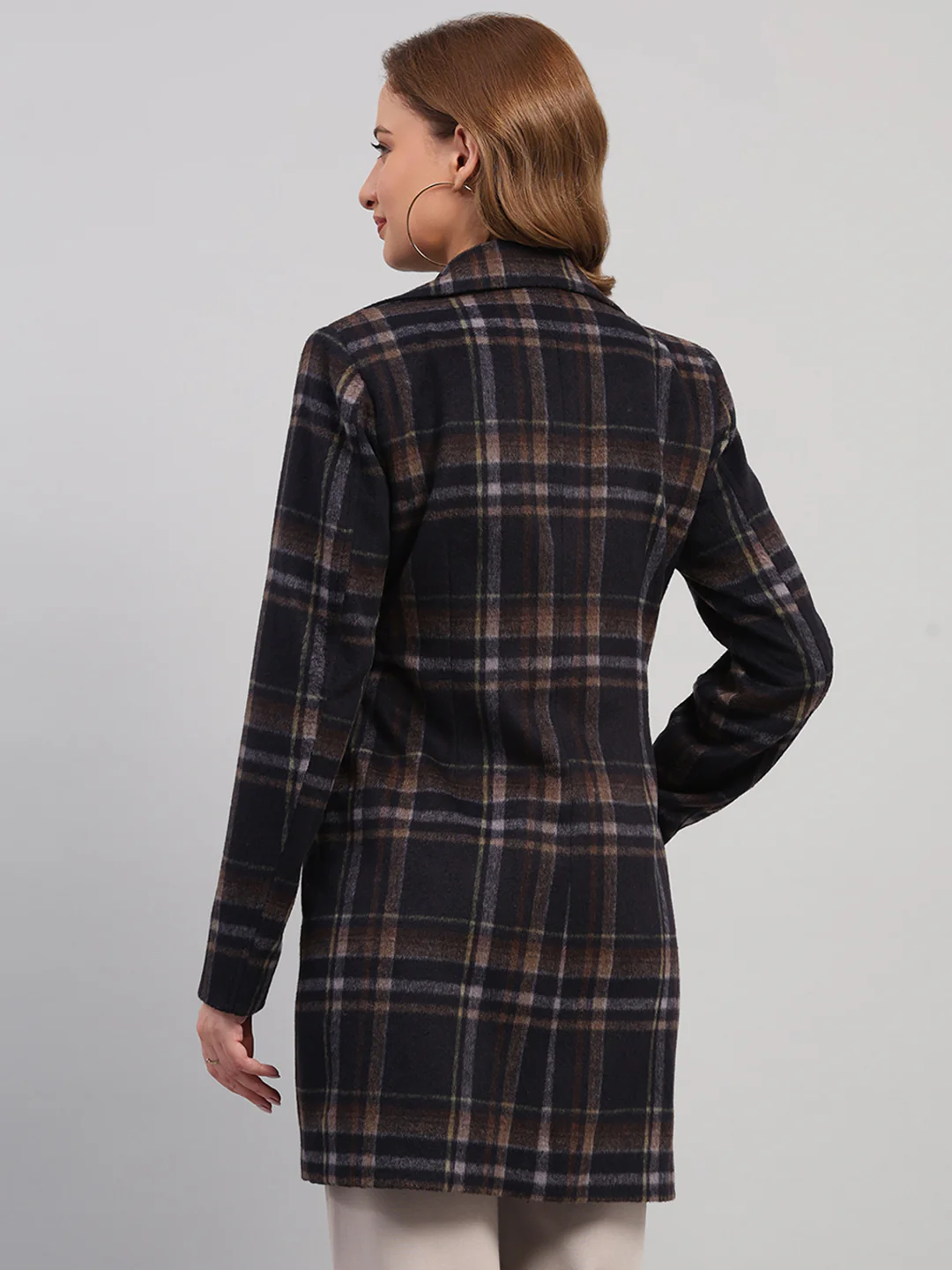 Women Navy Blue Check Collar Full Sleeve Coat - Image 5