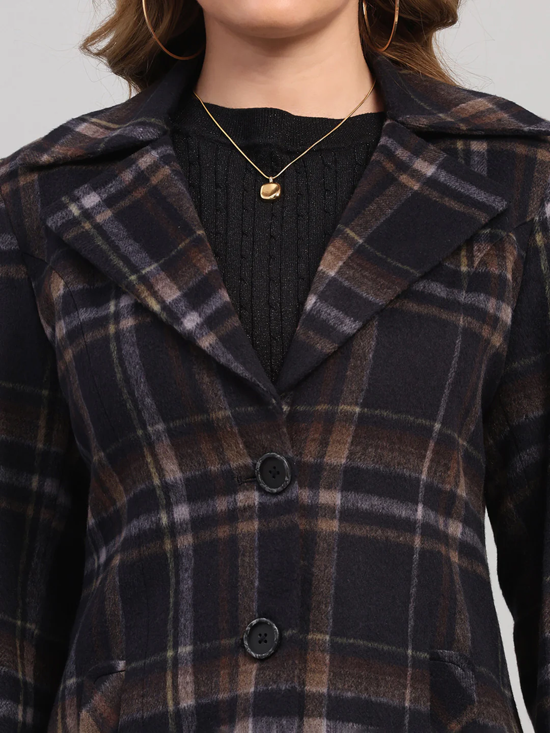 Women Navy Blue Check Collar Full Sleeve Coat - Image 7