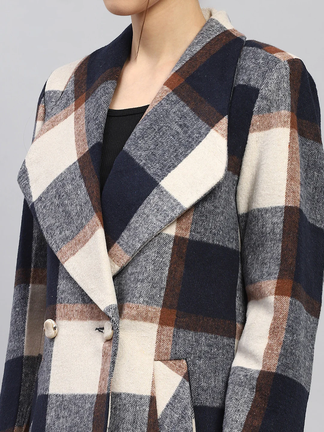 Women Navy Blue Check Notch lapel Collar Full Sleeve Coat - Image 6