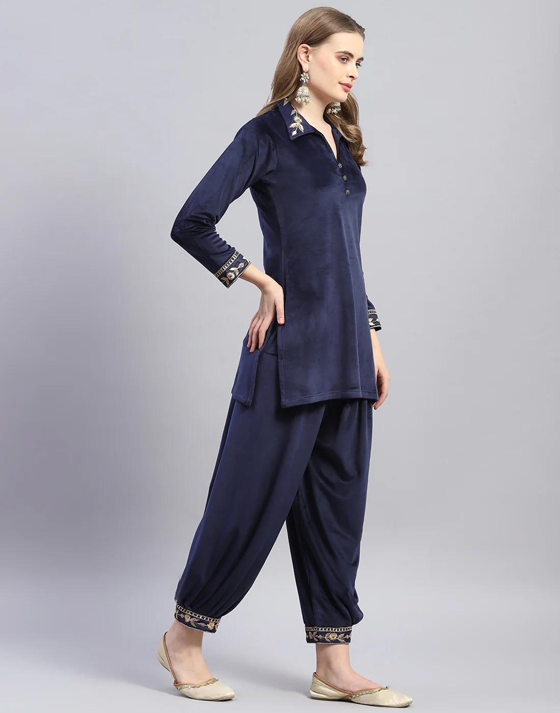 Women Navy Blue Embroidered Collar Full Sleeve Cords Set - Image 4
