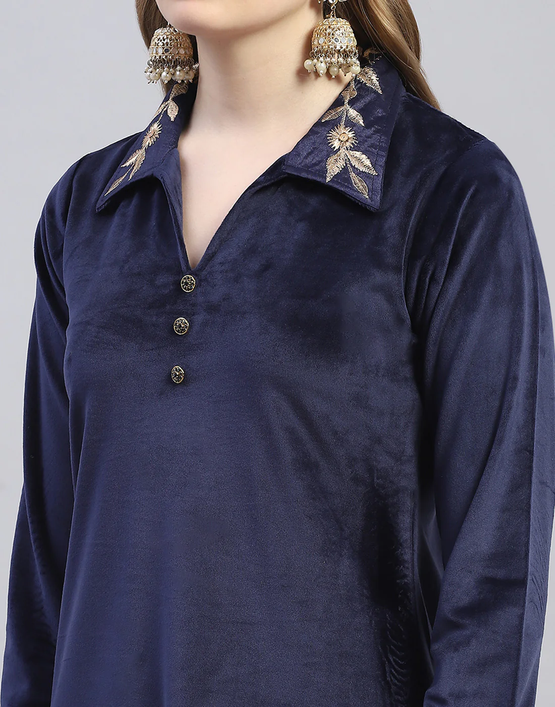 Women Navy Blue Embroidered Collar Full Sleeve Cords Set - Image 7