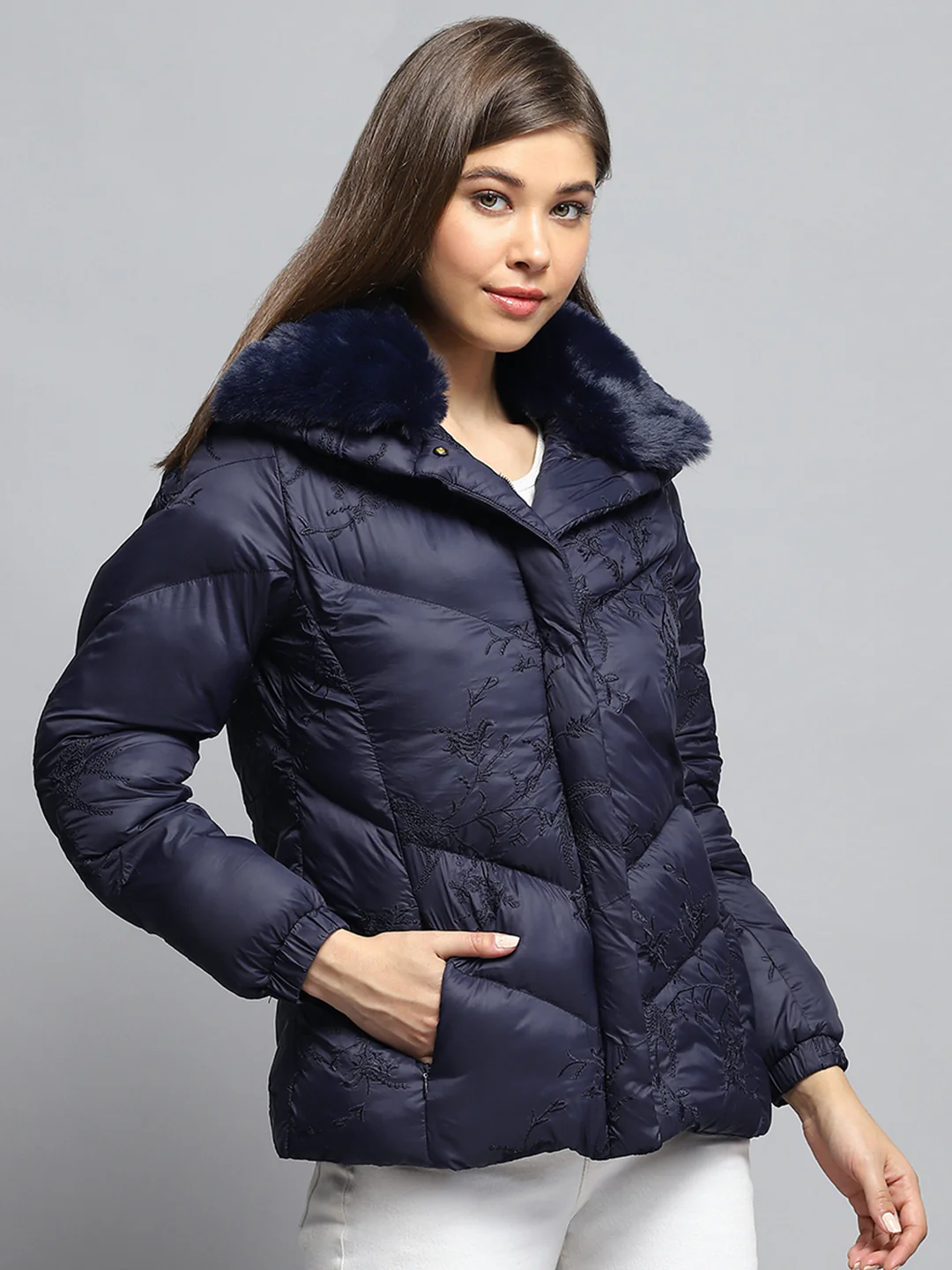 Women Navy Blue Embroidered Collar Full Sleeve Jacket - Image 4