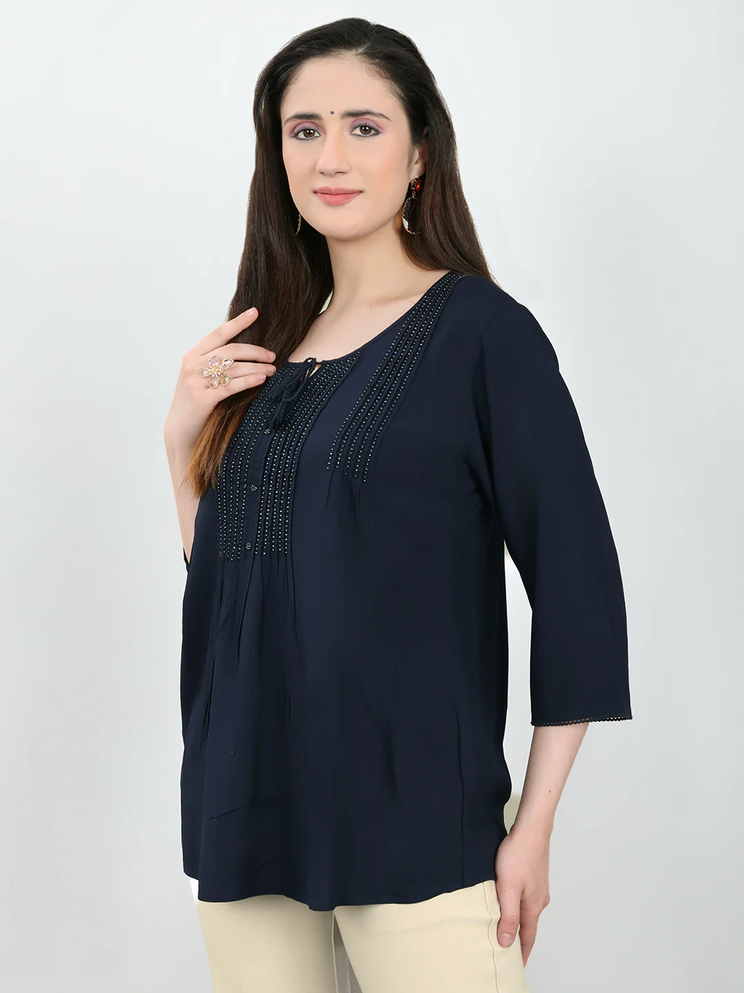 Women Navy Blue Embroidered Fashion Neck 3/4th Sleeve Top - Image 2