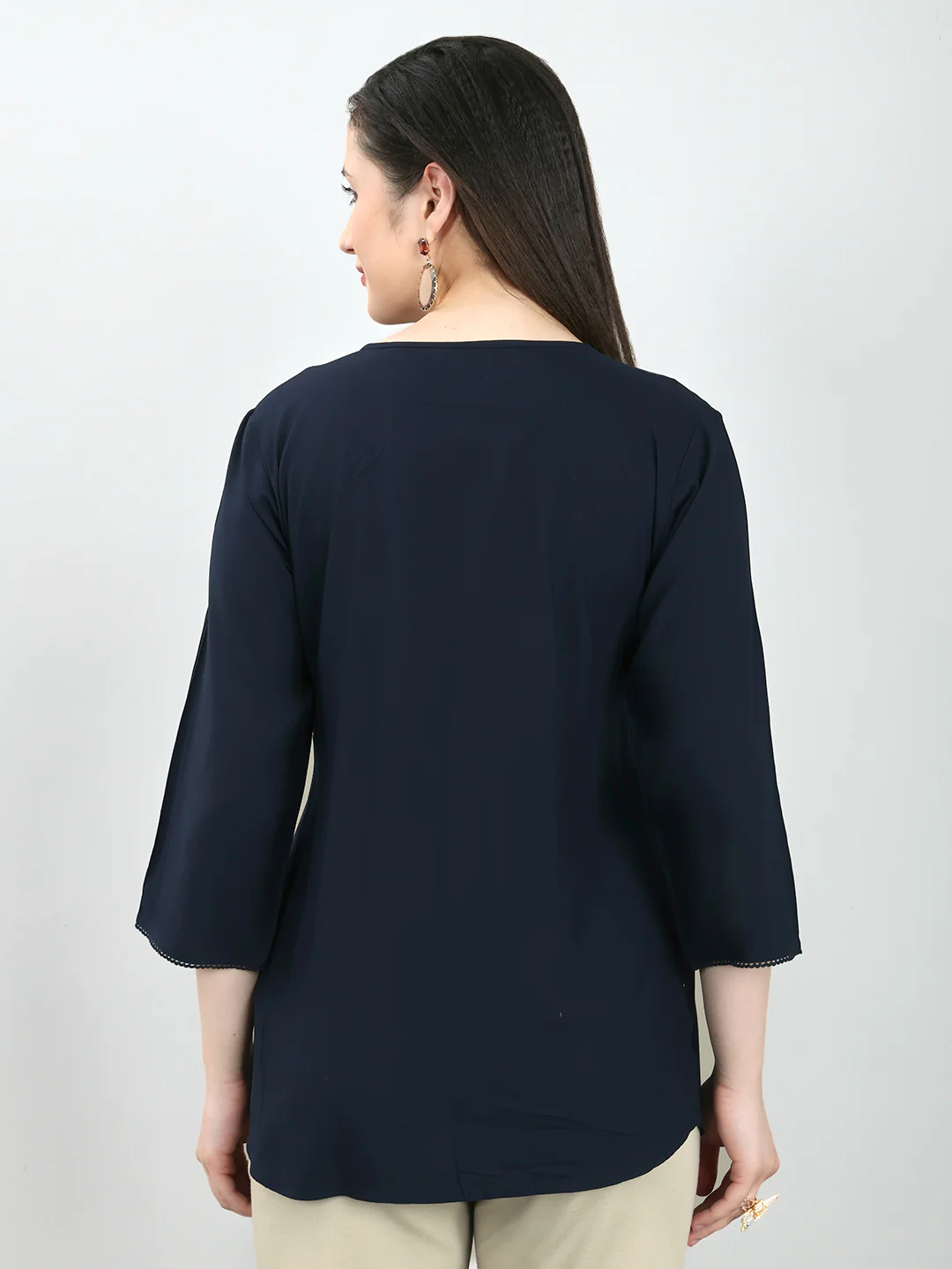 Women Navy Blue Embroidered Fashion Neck 3/4th Sleeve Top - Image 4