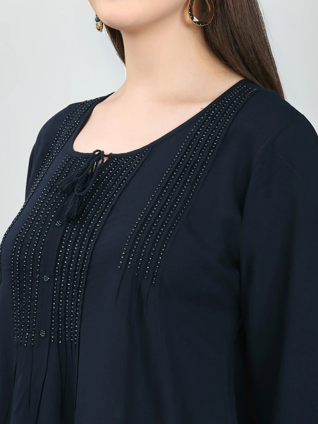 Women Navy Blue Embroidered Fashion Neck 3/4th Sleeve Top - Image 5