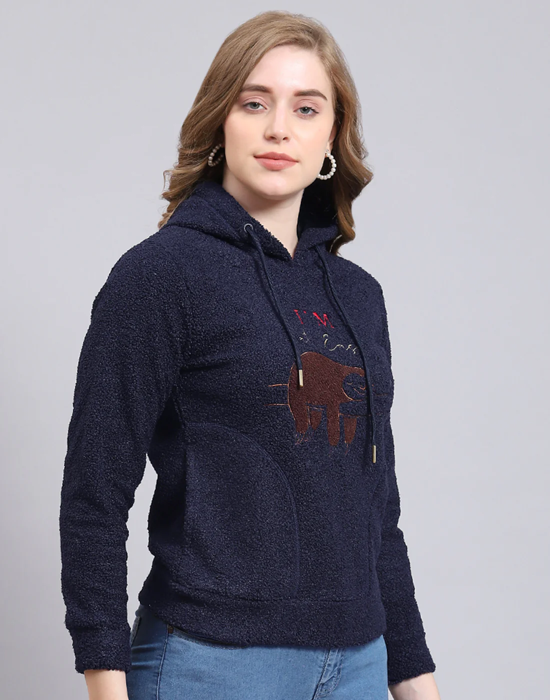Women Navy Blue Embroidered Hooded Full Sleeve Sweatshirt - Image 6