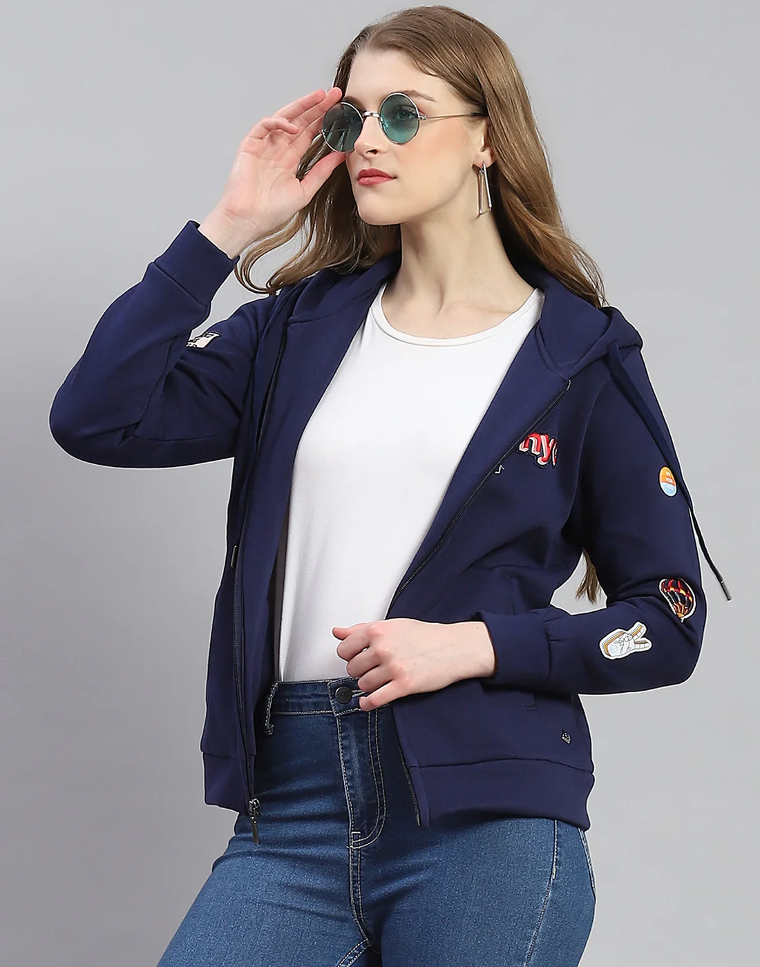 Women Navy Blue Embroidered Hooded Full Sleeve Sweatshirt - Image 2