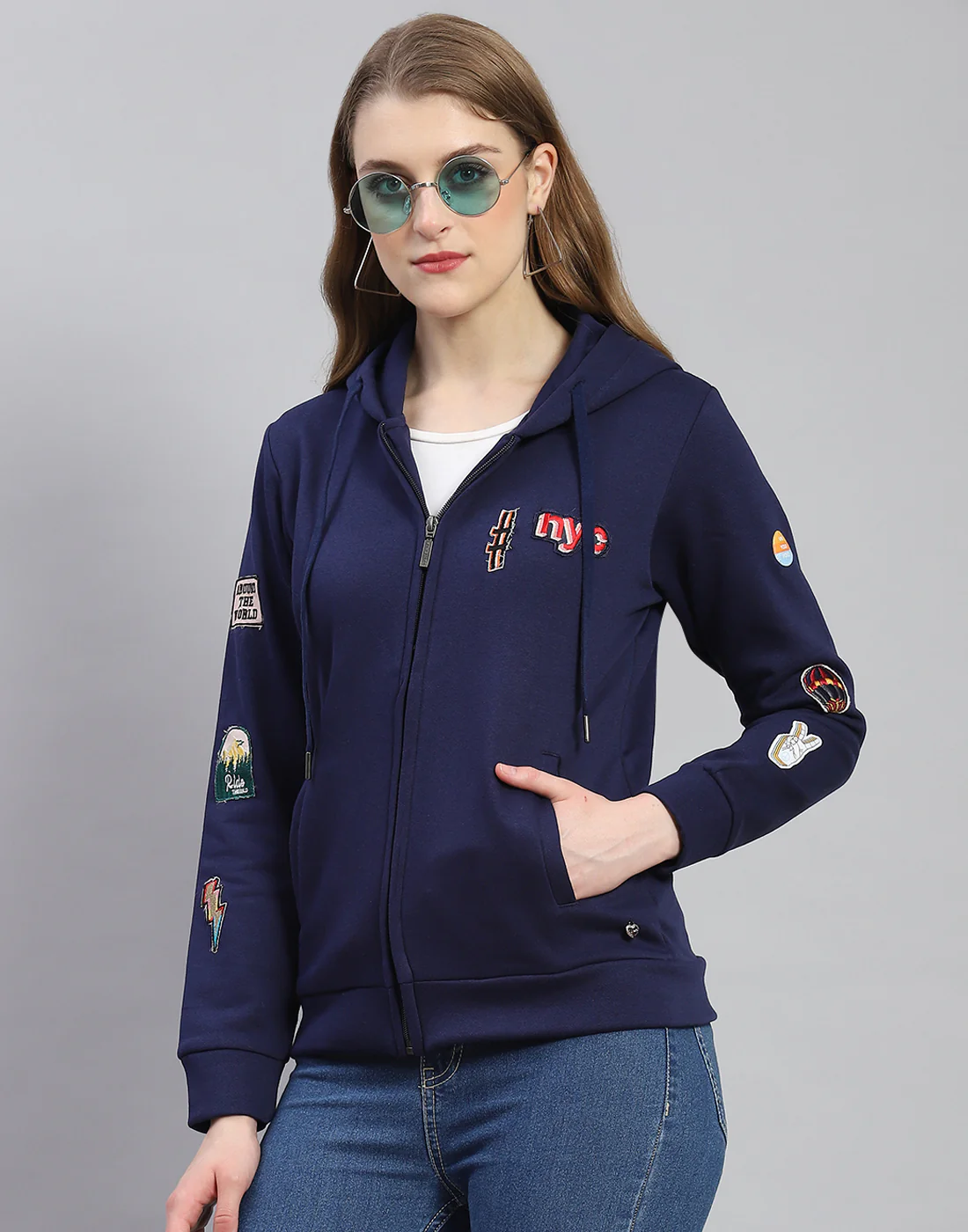 Women Navy Blue Embroidered Hooded Full Sleeve Sweatshirt - Image 4