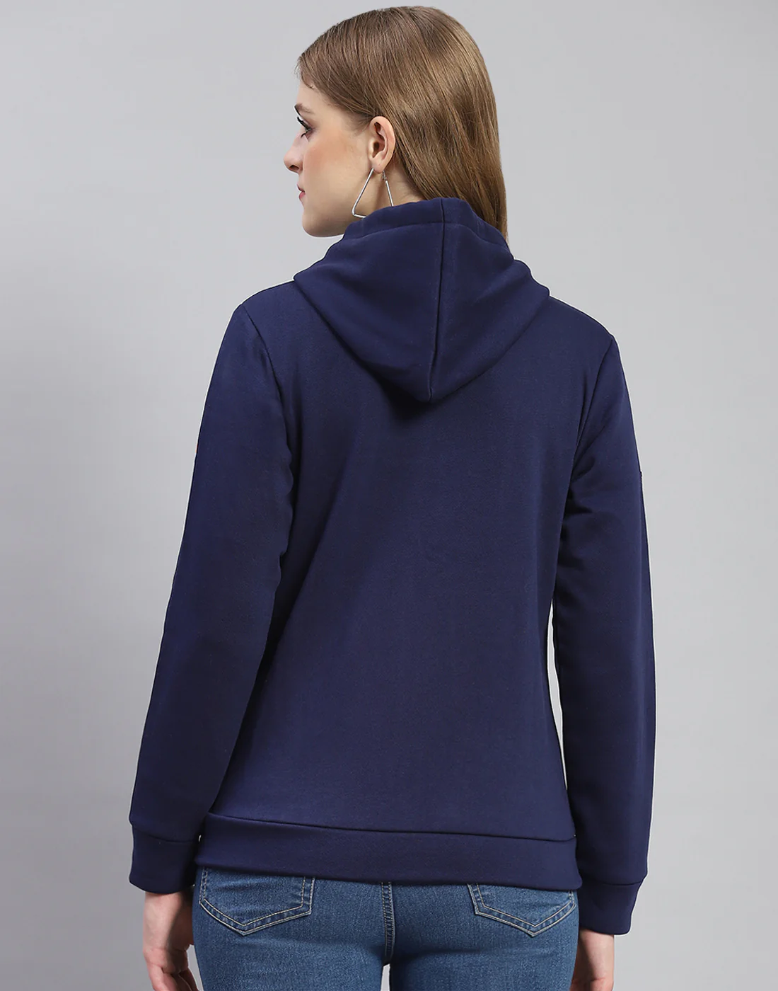 Women Navy Blue Embroidered Hooded Full Sleeve Sweatshirt - Image 6
