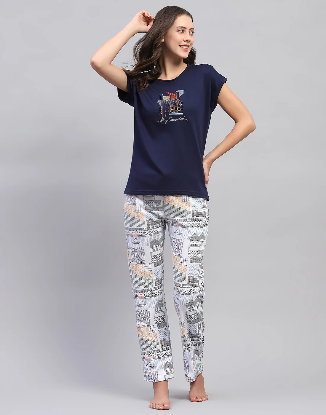 Women Navy Blue Embroidered Round Neck Half Sleeve Lower Set - Image 3