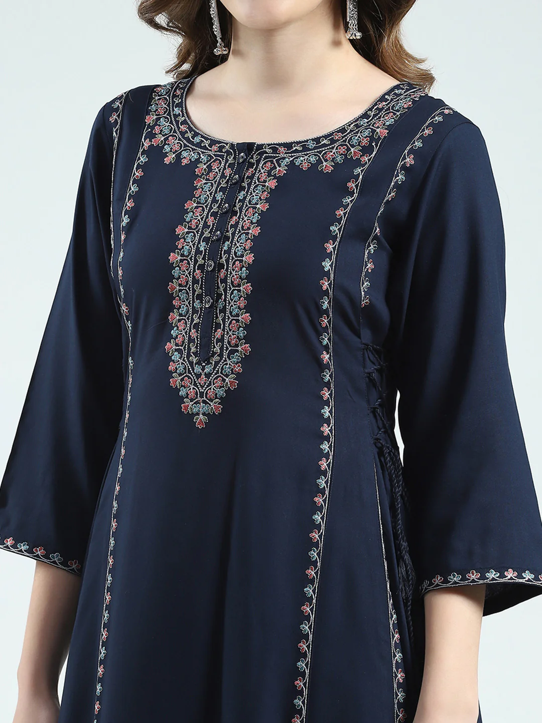 Women Navy Blue Embroidered Round Neck 3/4th Sleeve Kurti - Image 6