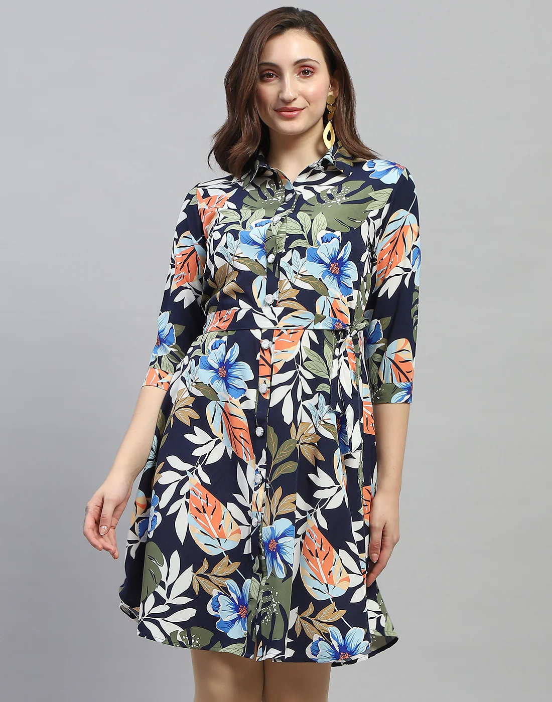 Women Navy Blue Floral Print Collar Neck 3/4 Sleeve Dress - Image 3