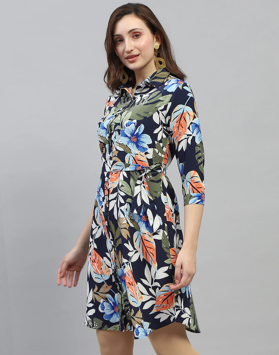 Women Navy Blue Floral Print Collar Neck 3/4 Sleeve Dress - Image 4