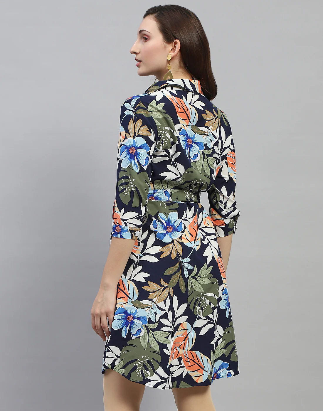 Women Navy Blue Floral Print Collar Neck 3/4 Sleeve Dress - Image 6