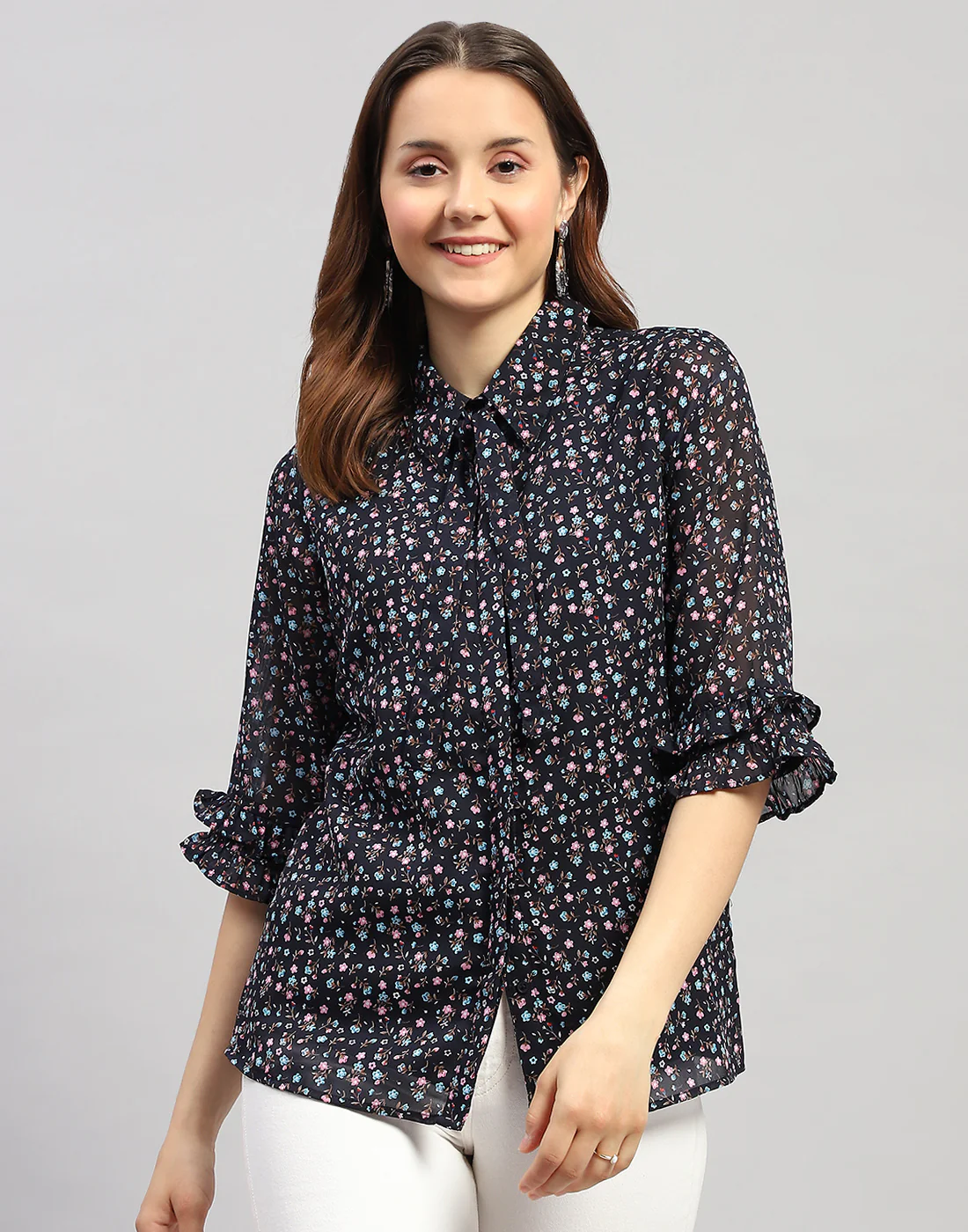 Women Navy Blue Floral Print Collar Neck 3/4 Sleeve Top - Image 3