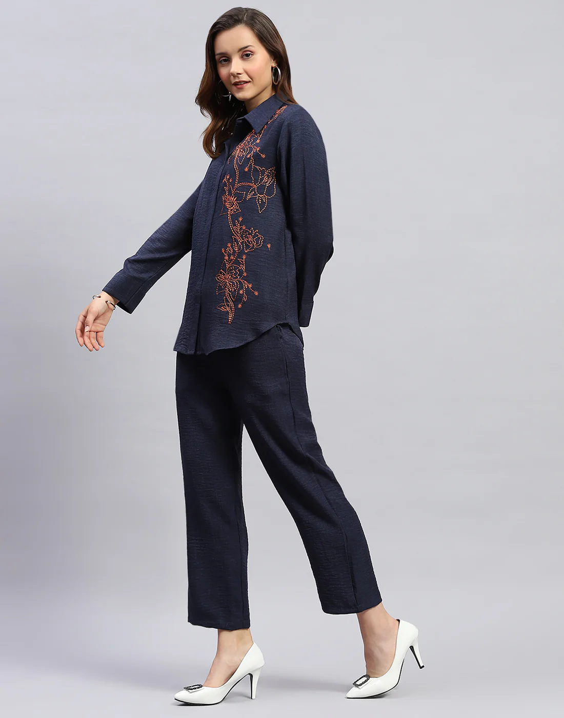 Women Navy Blue Floral Print Collar Neck Full Sleeve Cords Set - Image 4