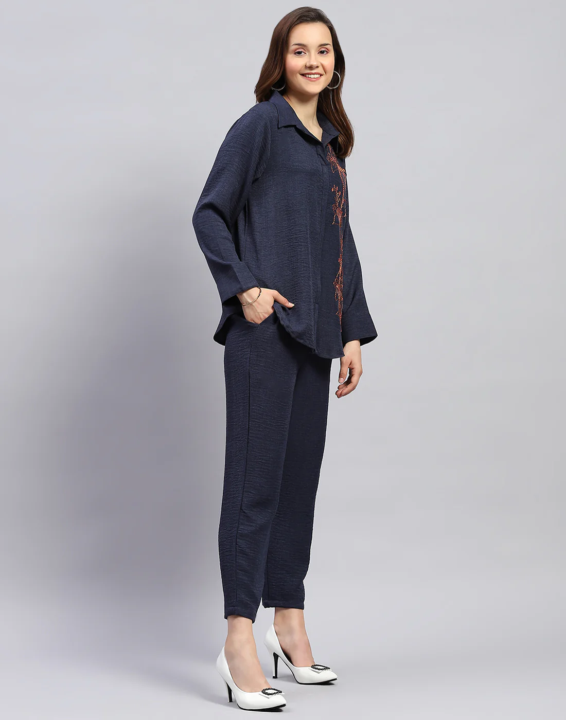 Women Navy Blue Floral Print Collar Neck Full Sleeve Cords Set - Image 5