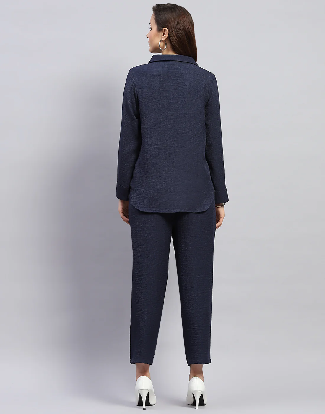 Women Navy Blue Floral Print Collar Neck Full Sleeve Cords Set - Image 6