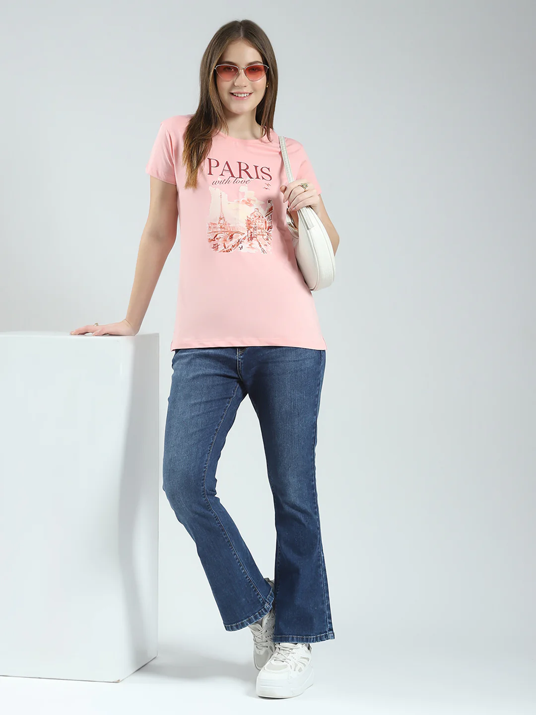Women Navy Blue & Peach Printed Round Neck Half Sleeve Top (Pack of 2) - Image 2