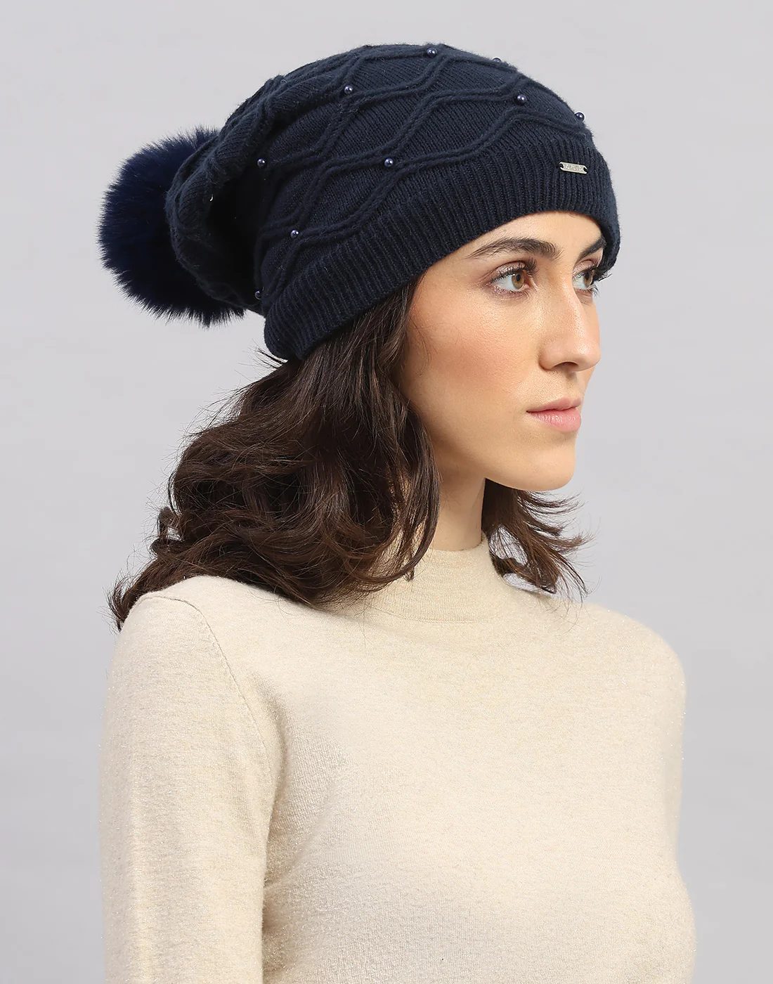 Women Navy Blue Printed Blend Wool Cap - Image 3