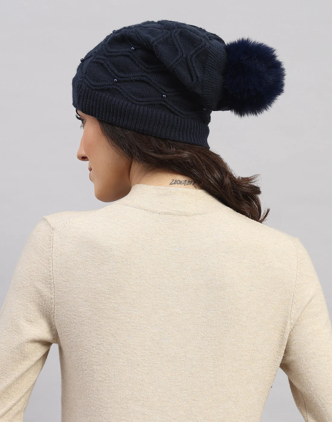 Women Navy Blue Printed Blend Wool Cap - Image 4