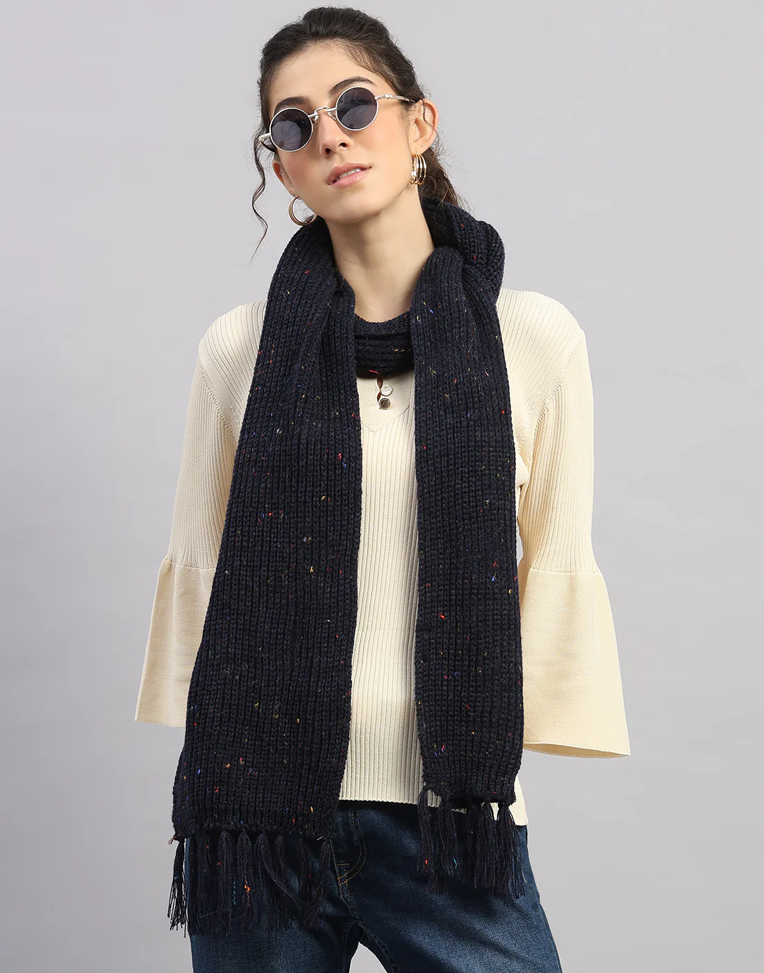 Women Navy Blue Printed Blend Wool Mufflers - Image 5