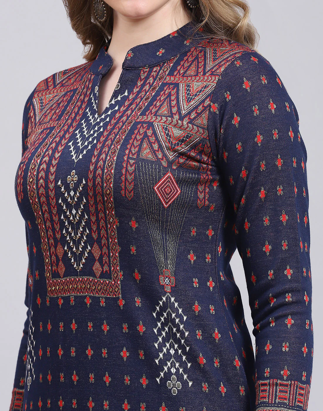Women Navy Blue Printed Collar Full Sleeve Kurtis Set - Image 2
