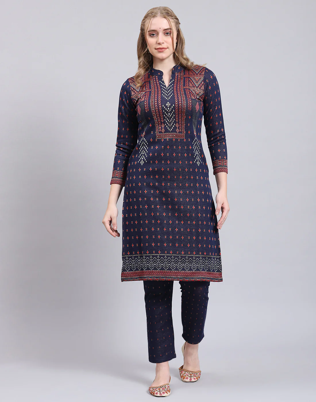 Women Navy Blue Printed Collar Full Sleeve Kurtis Set - Image 3