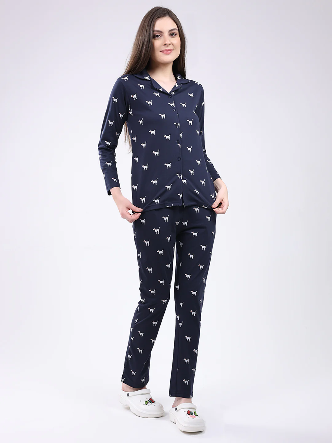 Women Navy Blue Printed Collar Full Sleeve Lower Set - Image 4