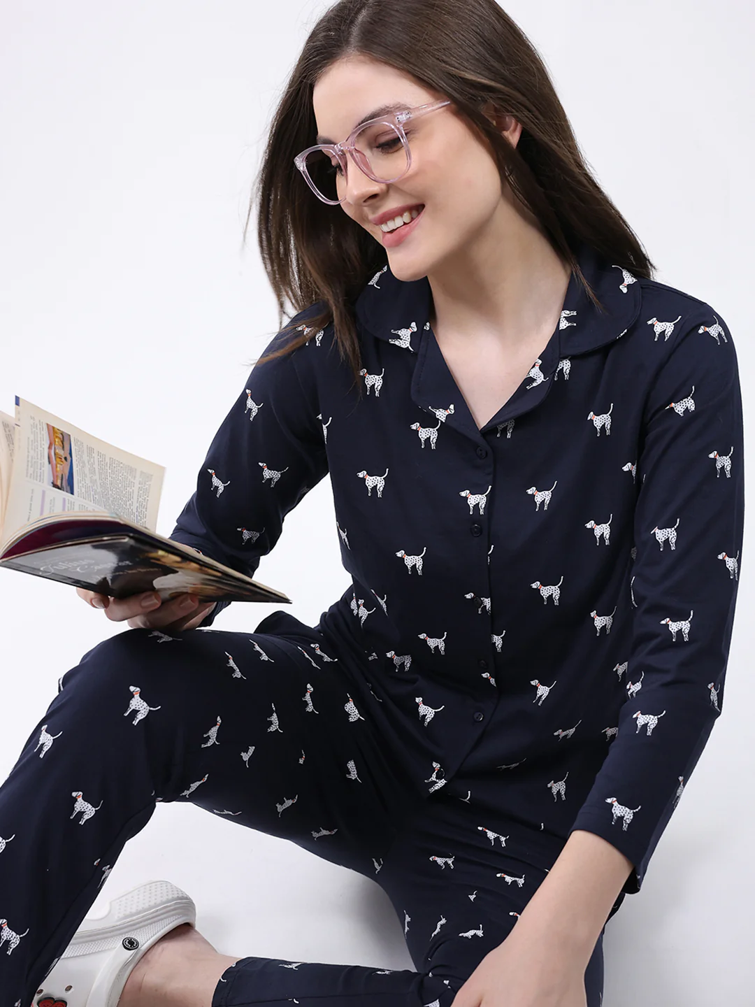 Women Navy Blue Printed Collar Full Sleeve Lower Set - Image 6