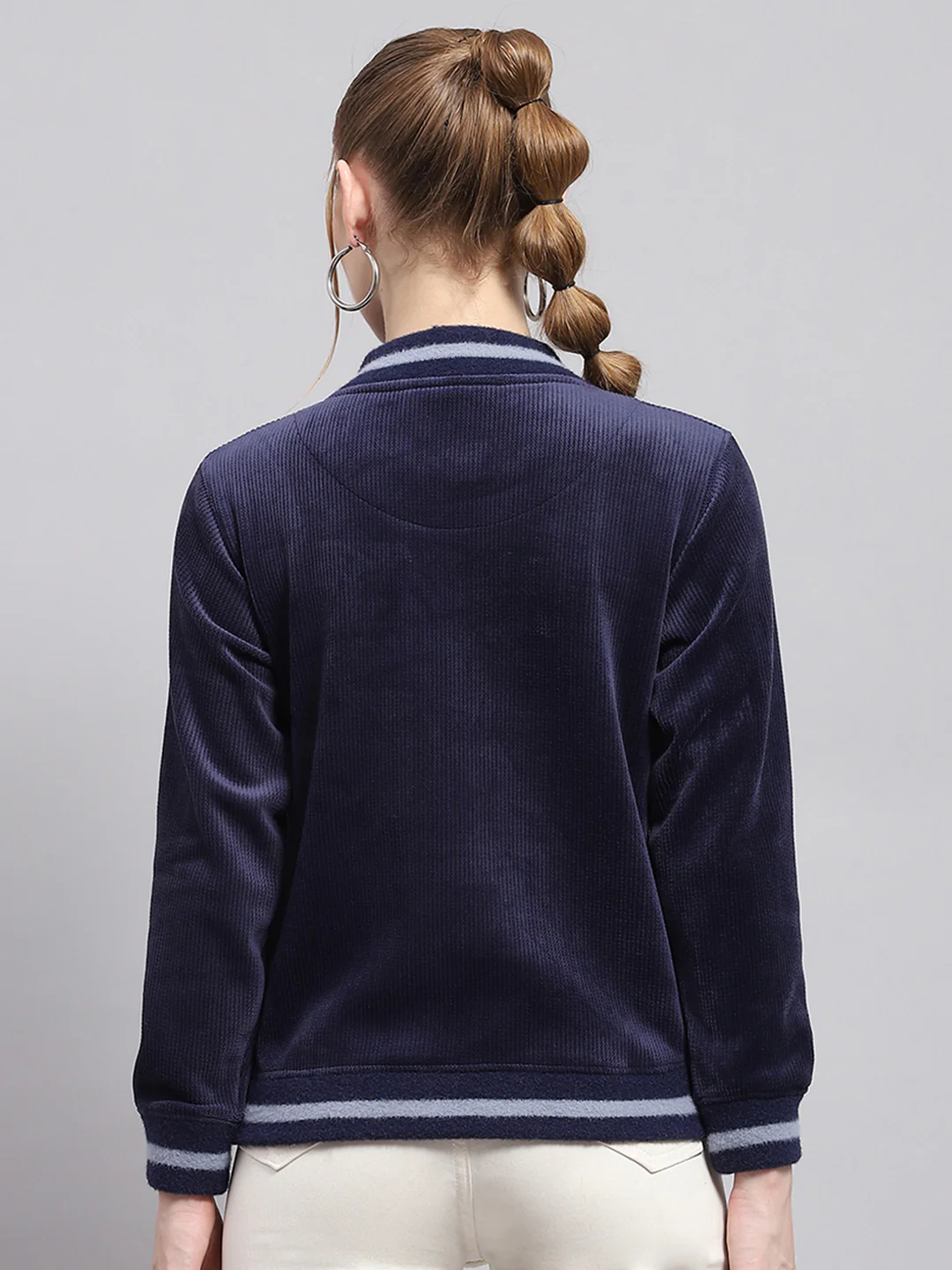 Women Navy Blue Printed High Neck Full Sleeve Sweatshirt - Image 5