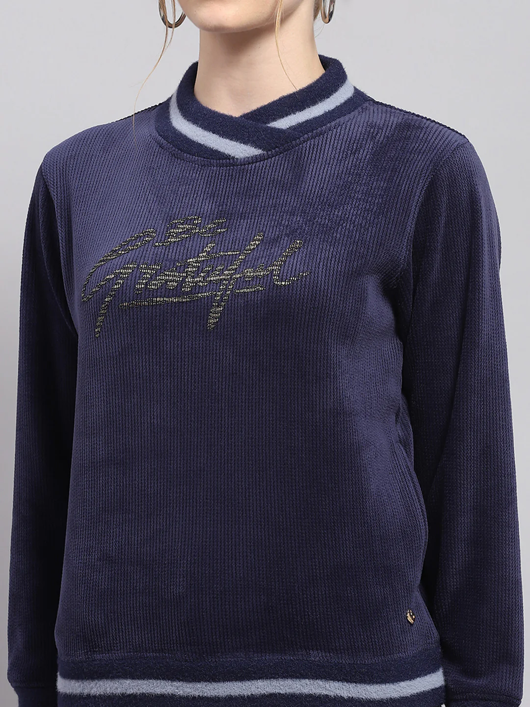 Women Navy Blue Printed High Neck Full Sleeve Sweatshirt - Image 6