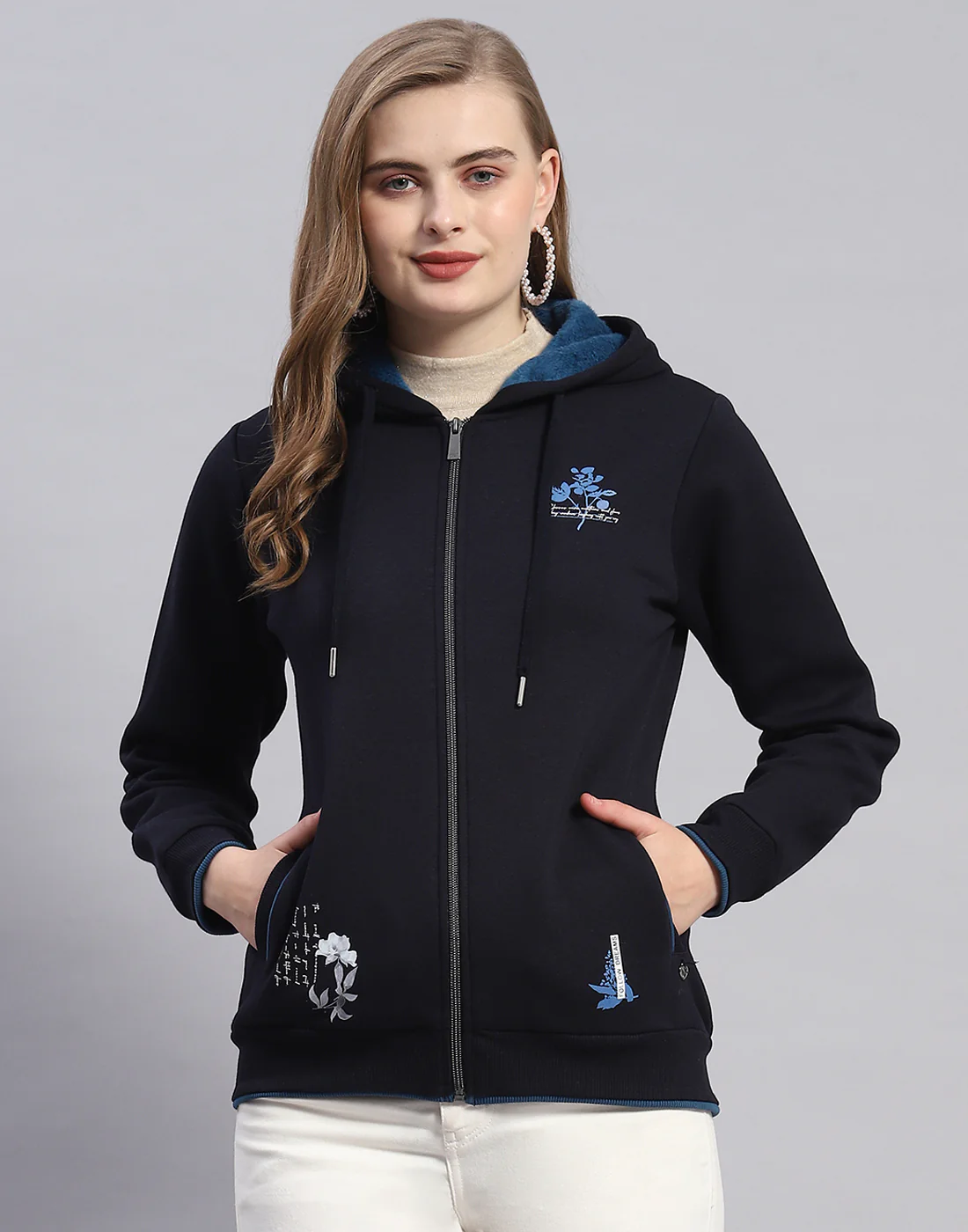 Women Navy Blue Printed Hooded Full Sleeve Sweatshirt - Image 2