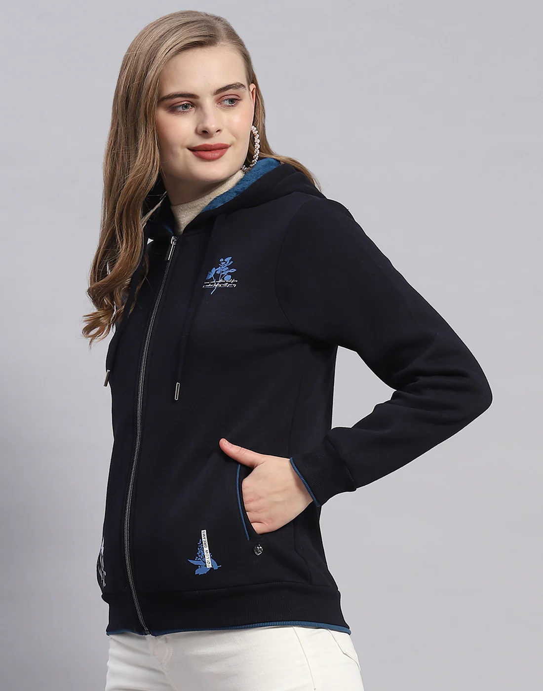 Women Navy Blue Printed Hooded Full Sleeve Sweatshirt - Image 3