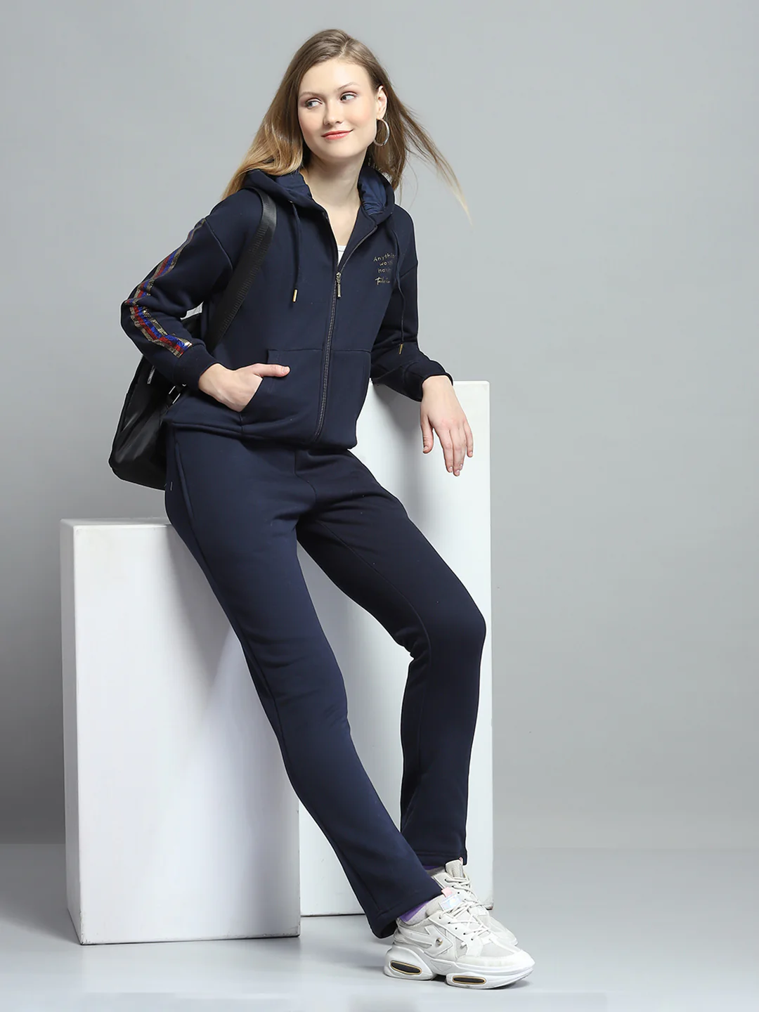 Women Navy Blue Printed Hooded Full Sleeve Tracksuit - Image 2