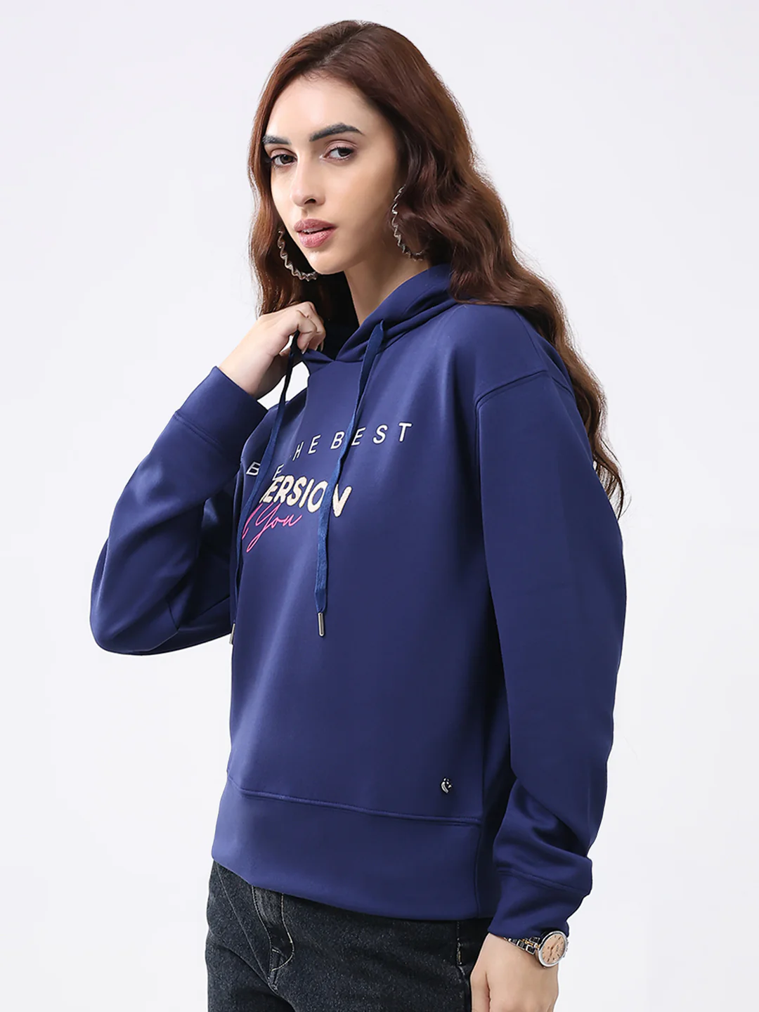 Women Navy Blue Printed Hooded Full Sleeve Winter Top - Image 3