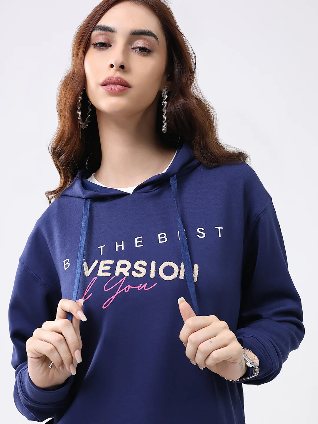 Women Navy Blue Printed Hooded Full Sleeve Winter Top - Image 7
