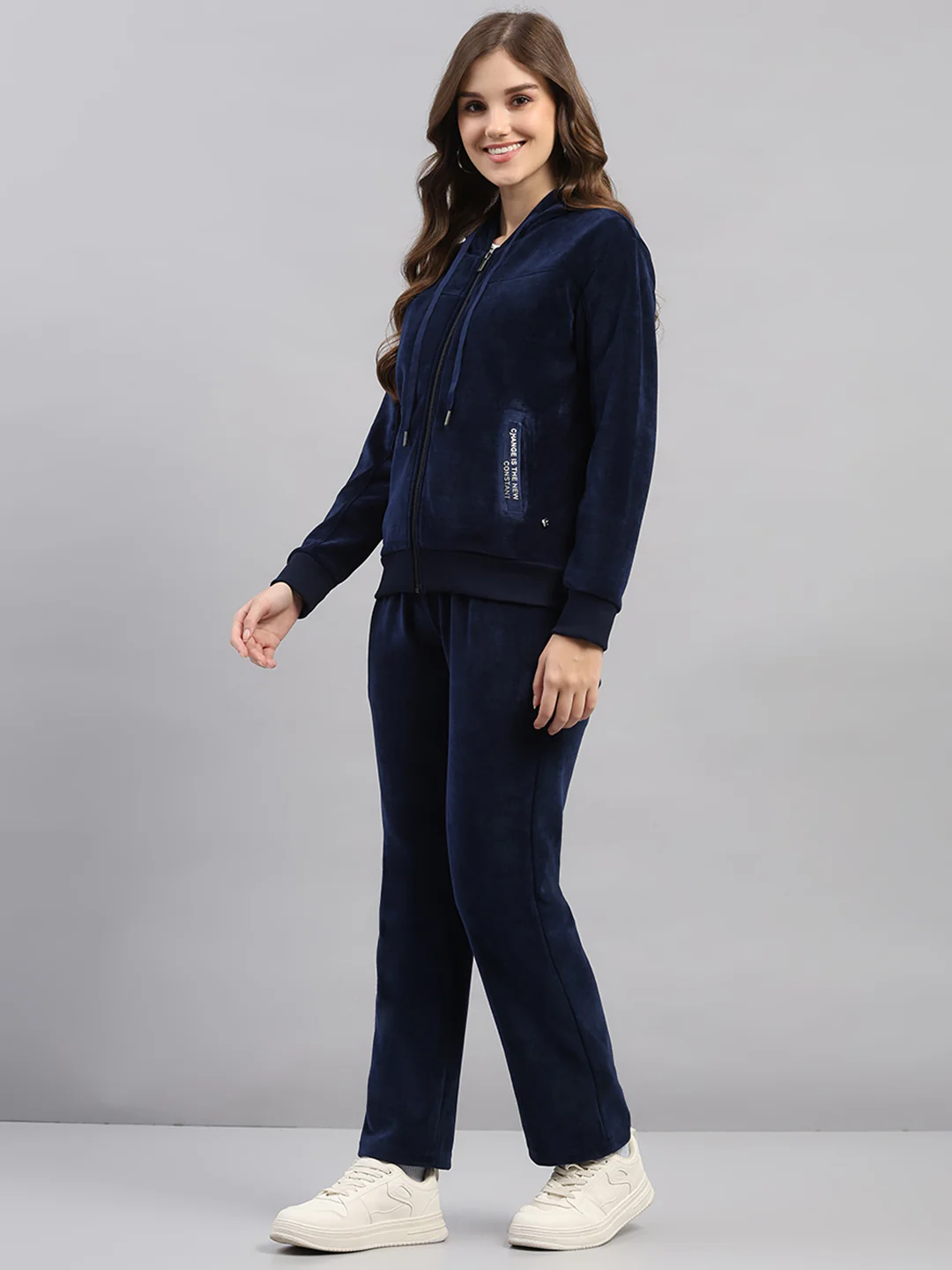 Women Navy Blue Printed Hooded Full Sleeve Winter Tracksuit - Image 3