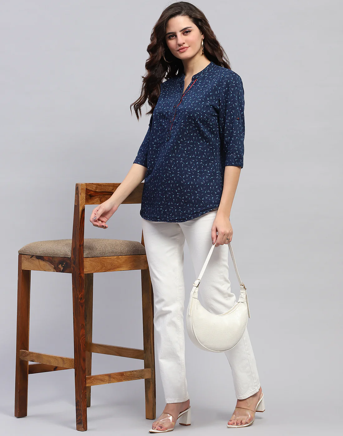 Women Navy Blue Printed Mandarin collar 3/4 Sleeve Top - Image 2