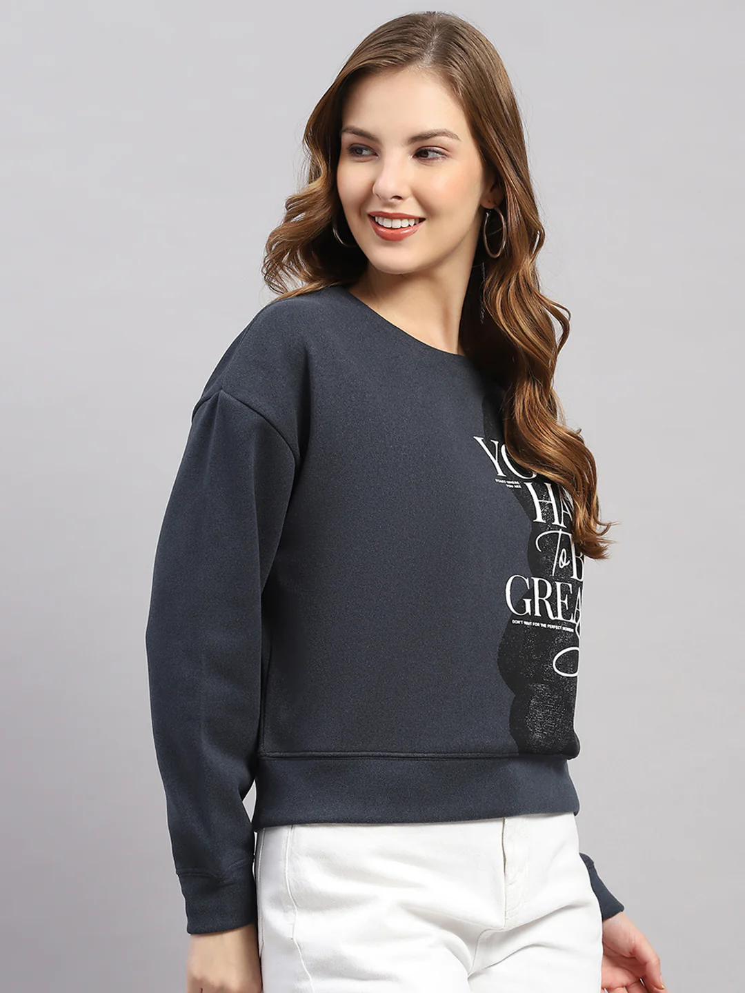 Women Navy Blue Printed Round Neck Full Sleeve Sweatshirt - Image 4