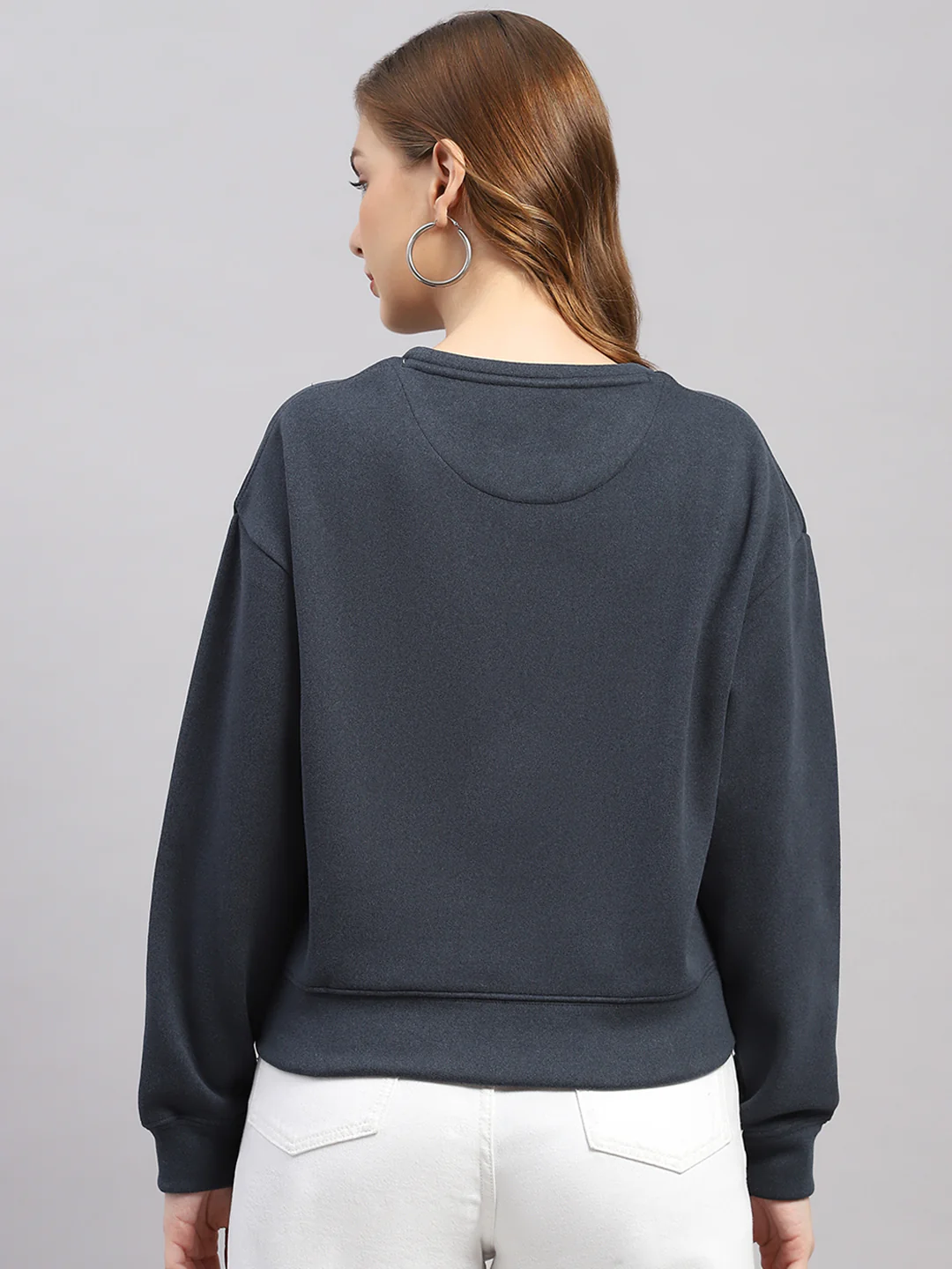 Women Navy Blue Printed Round Neck Full Sleeve Sweatshirt - Image 5