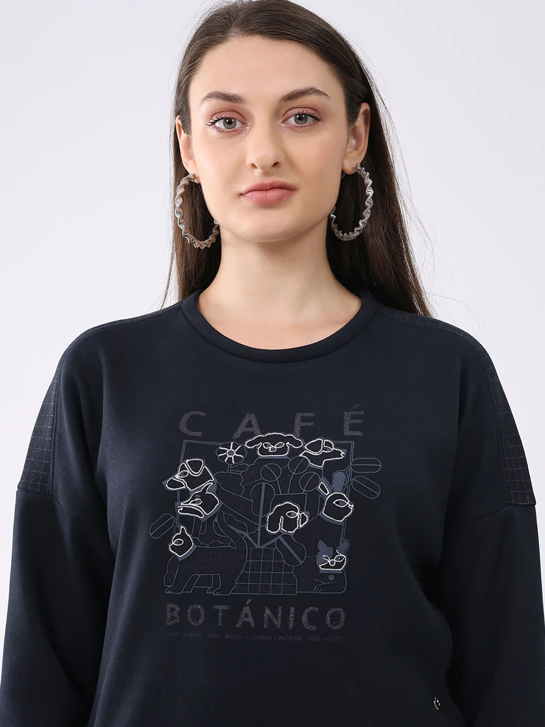 Women Navy Blue Printed Round Neck Full Sleeve Sweatshirt - Image 7