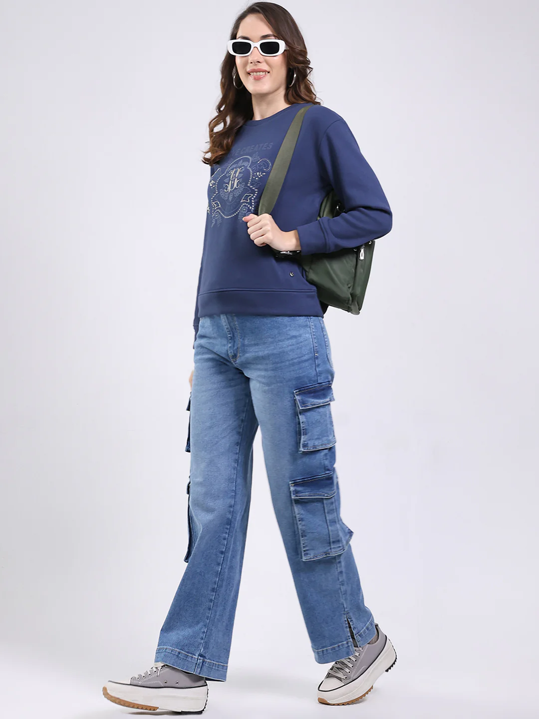 Women Navy Blue Printed Round Neck Full Sleeve Sweatshirt - Image 2