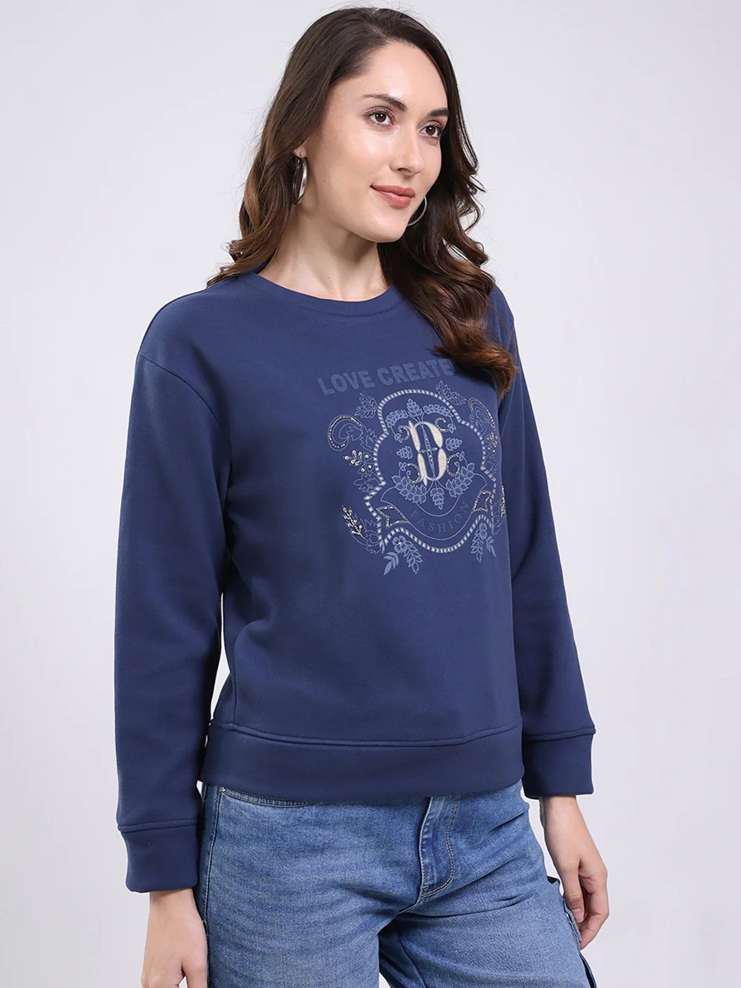 Women Navy Blue Printed Round Neck Full Sleeve Sweatshirt - Image 4
