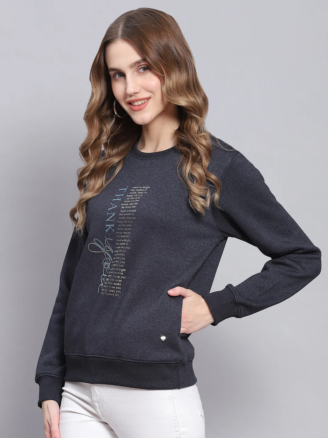 Women Navy Blue Printed Round Neck Full Sleeve Sweatshirts - Image 3