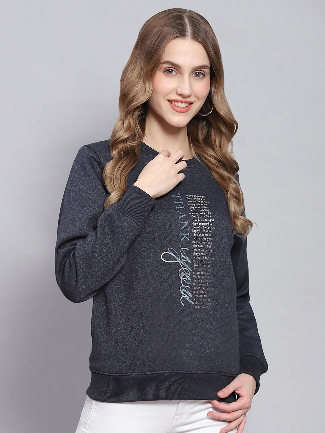Women Navy Blue Printed Round Neck Full Sleeve Sweatshirts - Image 4