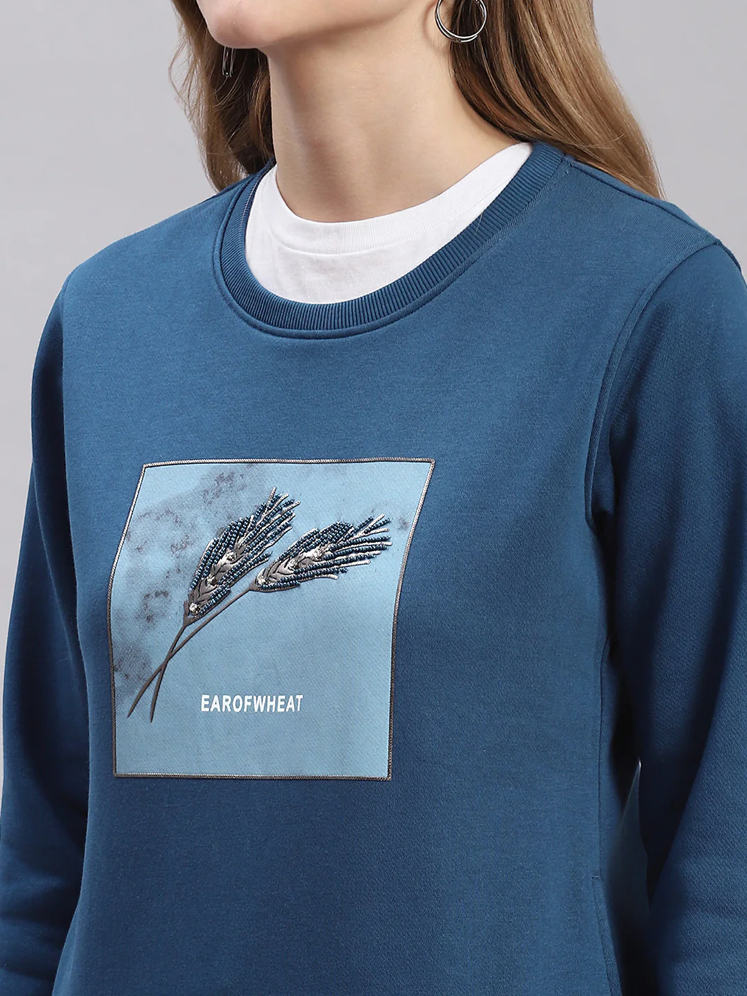 Women Navy Blue Printed Round Neck Full Sleeve Sweatshirts - Image 6