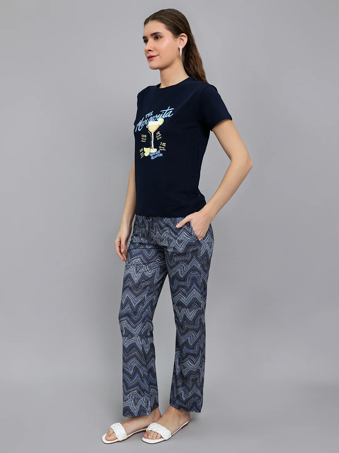 Women Navy Blue Printed Round Neck Half Sleeve Lower Set - Image 2